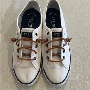 Sperry White Canvas Boat Shoes with Brown Laces